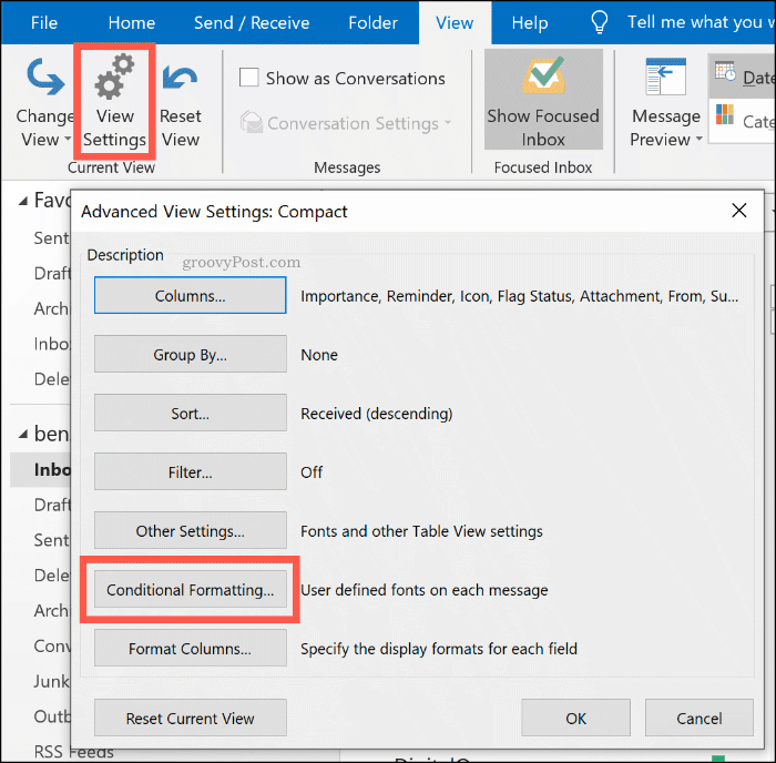 O botão de opções de formatação condicional no Microsoft Outlook