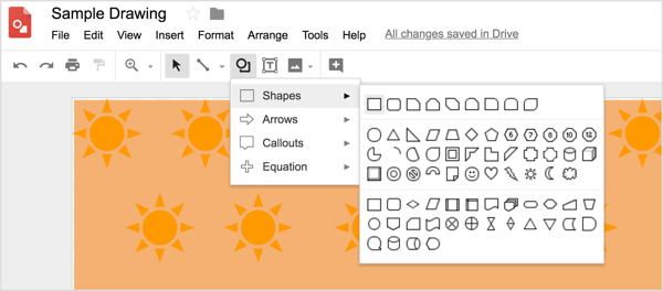 Selecione uma ferramenta de forma e, a seguir, desenhe a forma em seu design do Desenhos Google.