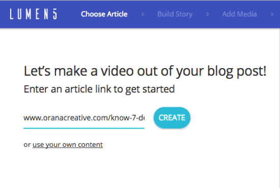 Adicione o URL da postagem do blog a partir da qual deseja criar um vídeo Lumen5.