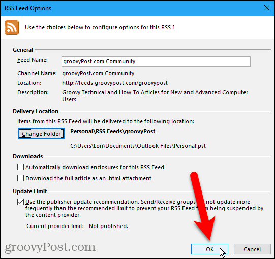 Feche a caixa de diálogo Opções de feed RSS no Outlook