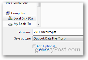 como criar um arquivo pst para o Outlook 2013 - nome pst