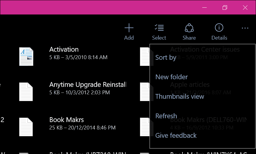 Janelas de aplicativos do OneDrive 10 5