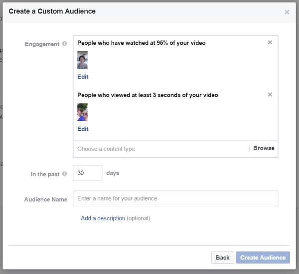 Crie um público personalizado de pessoas que assistiram a vídeos diferentes em sua página de negócios do Facebook.
