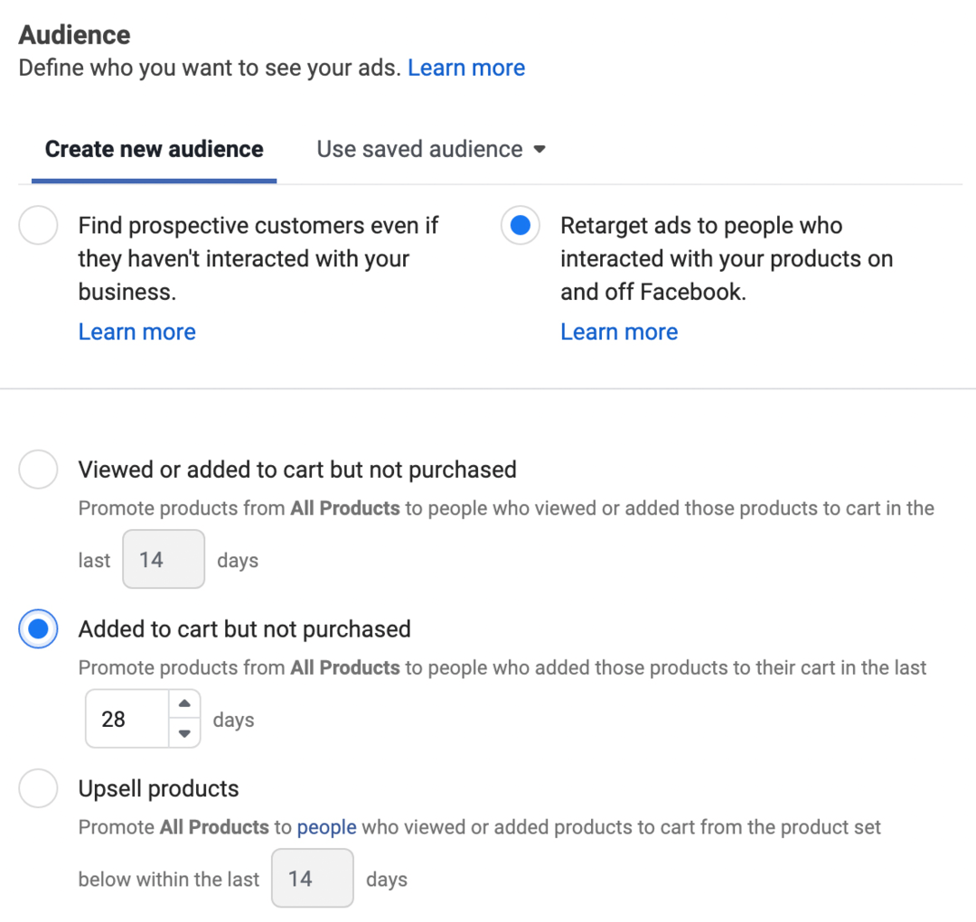 imagem de redirecionar anúncios para pessoas que interagiram com seus produtos dentro e fora do Facebook opção selecionada no Gerenciador de Anúncios
