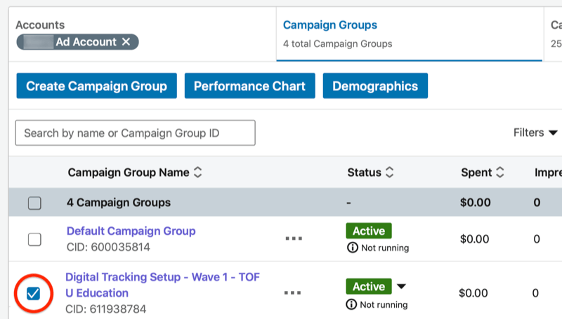 painel do gerente de campanha do LinkedIn com o novo grupo de campanha em destaque