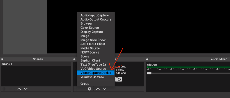 selecione Dispositivo de captura de vídeo no menu pop-up no OBS Studio