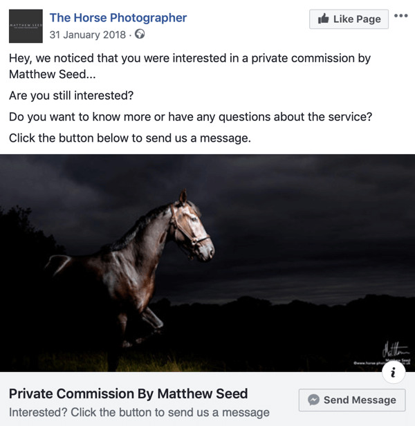 Como converter visitantes do site com anúncios do Facebook Messenger, etapa 3, exemplo de postagem do The Horse Photographer
