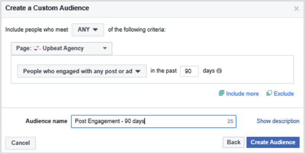 Escolha opções para configurar um público-alvo personalizado do Facebook com base em pessoas que se envolveram com qualquer postagem ou anúncio nos últimos 90 dias