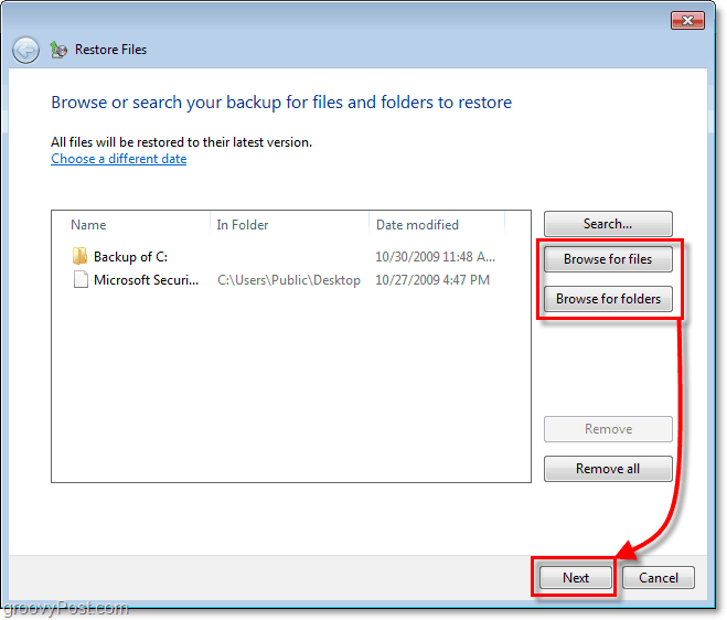 Backup do Windows 7 - selecione os arquivos ou pastas que você deseja restaurar