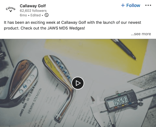 Vídeo da Callaway Golf LinkedIn anunciando novo produto