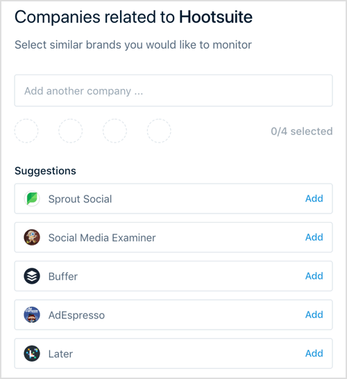 Para começar a monitorar com Mention, digite o nome da sua marca e escolha 1-4 concorrentes