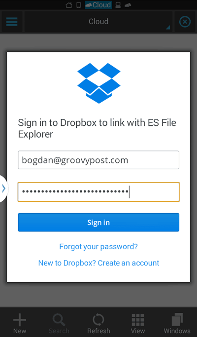 Dropbox de login no ES File Explorer