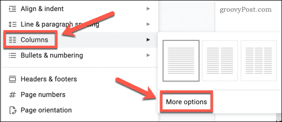 Selecionando opções de coluna no Google Docs