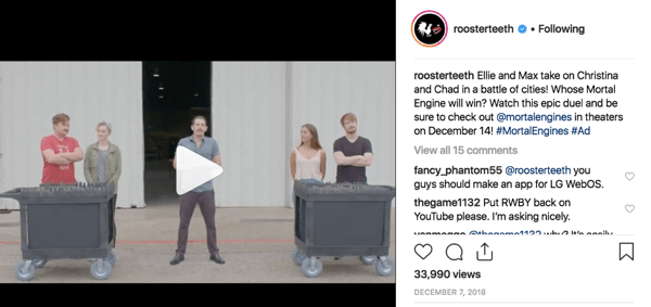 Exemplo de envolvimento do superfã Rooster Teeth no Instagram.