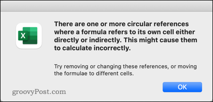 Um aviso de referência circular no Excel