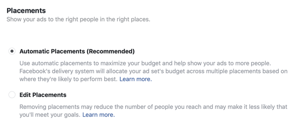 Opções de posicionamento para uma campanha de anúncios de leads do Facebook.
