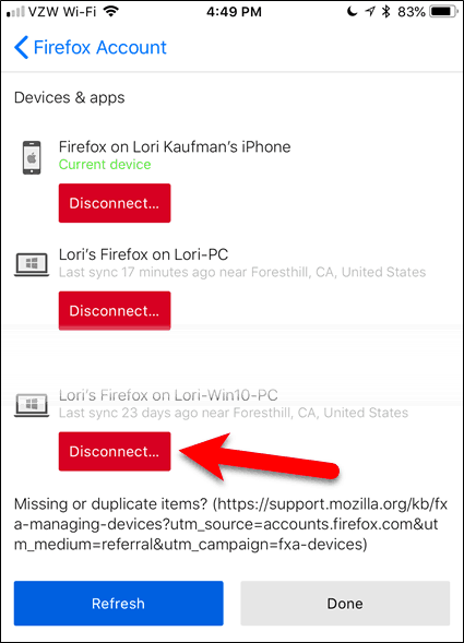 Desconectar um dispositivo no Firefox para iOS
