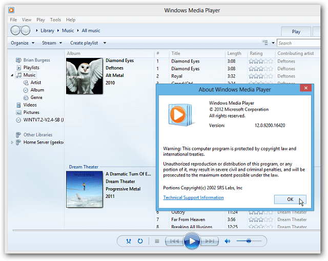 Windows Media Player na área de trabalho do Windows 8