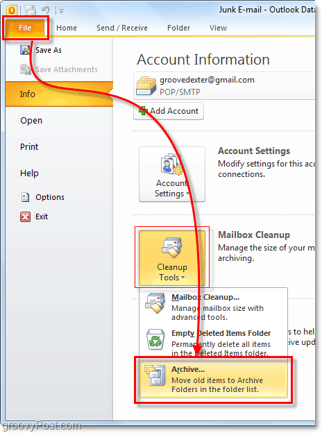 arquivo manual no Outlook 2010