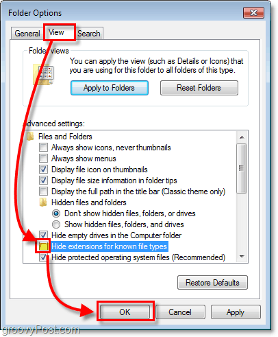 na caixa de diálogo de opções da pasta do Windows 7, clique na guia Visualizar e desmarque as extensões ocultas para tipos de arquivos conhecidos