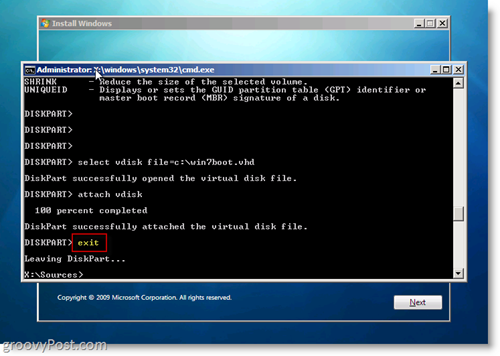 Prompt de CMD de saída de inicialização dupla do Windows 7 Native VHD Install