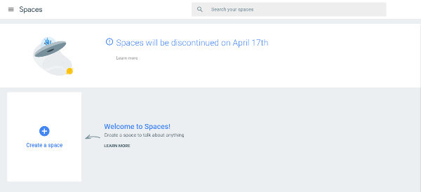 O Google planeja encerrar sua ferramenta de mensagens em grupo, Spaces, em 17 de abril de 2017.