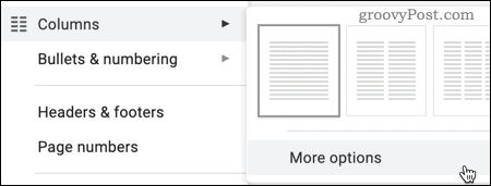 A opção Mais opções para colunas no Google Docs