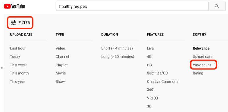 filtrar resultados de pesquisa do YouTube por contagem de visualizações