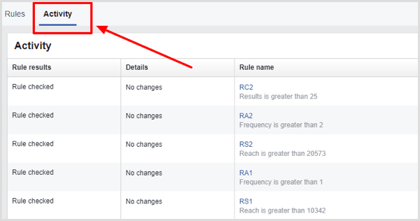 Guia de atividades na página de regras automatizadas do Facebook