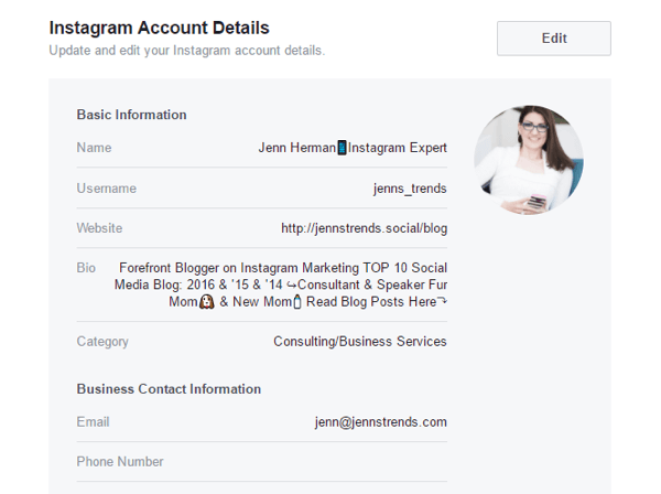 Você pode editar alguns detalhes da conta do Instagram nas configurações da página do Facebook.