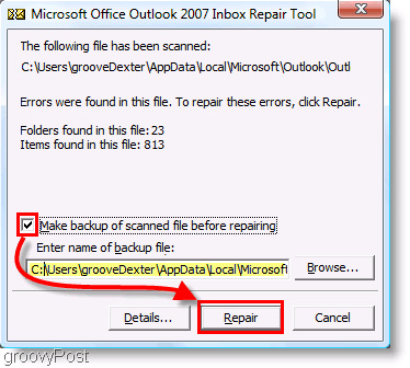 Captura de tela - Menu de reparo do Outlook 2007 ScanPST