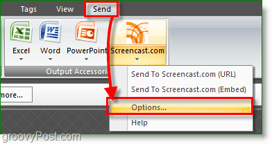 depois de instalado, clique na guia Enviar e, em seguida, nas opções de screencast