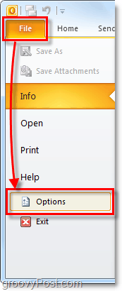 menu de opções no Outlook 2010