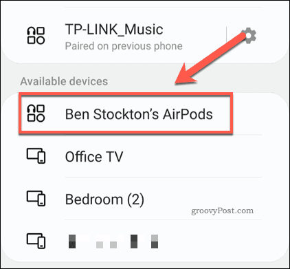AirPods em um menu de busca Bluetooth Android