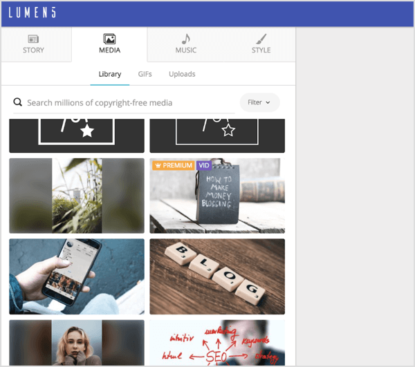 Pesquise fotos, GIFs e vídeos gratuitos e arraste e solte-os em slides individuais no Lumen5.