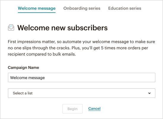 Selecione o tipo de e-mail automático de boas-vindas que deseja enviar por meio do bot do Messenger. 
