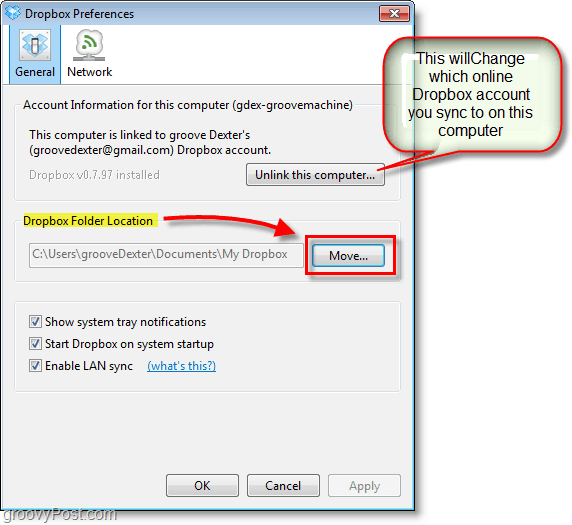 Captura de tela do Dropbox - altere o local padrão do dropbox ou altere / remova contas do dropbox