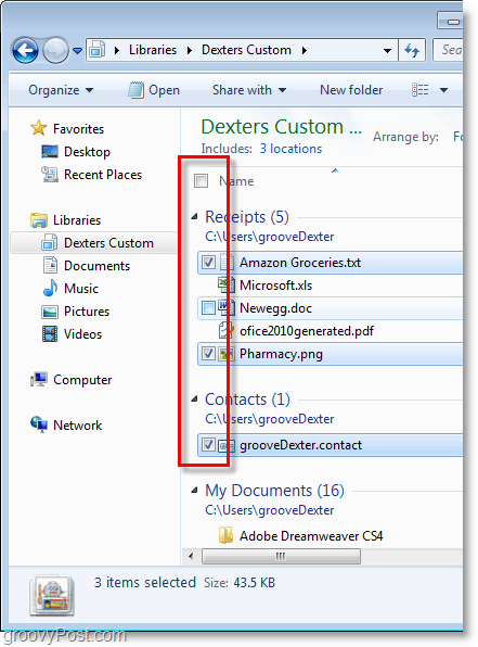 Captura de tela do Windows 7 - use caixas de seleção para selecionar seus itens, ótimo!