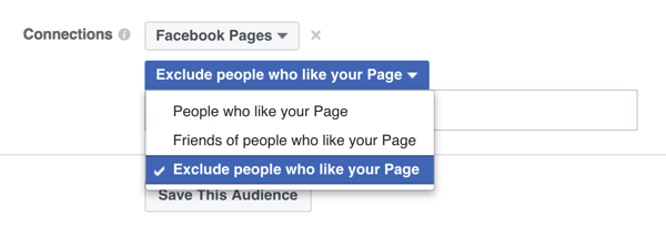 opção de segmentação de anúncios do Facebook para excluir pessoas que já gostam de uma página