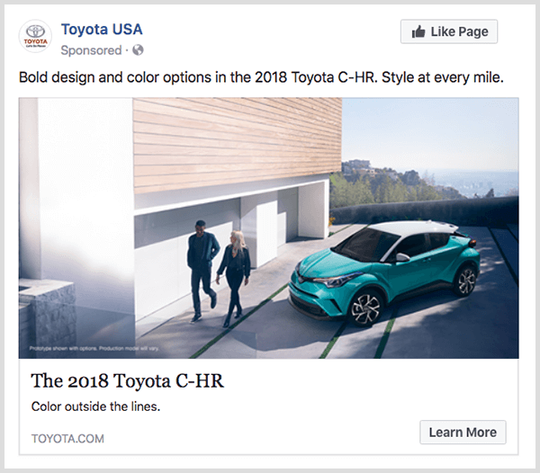 O anúncio de engajamento da Toyota no Facebook apresenta o turquesa Toyota C-HR e tem um botão Saiba mais.
