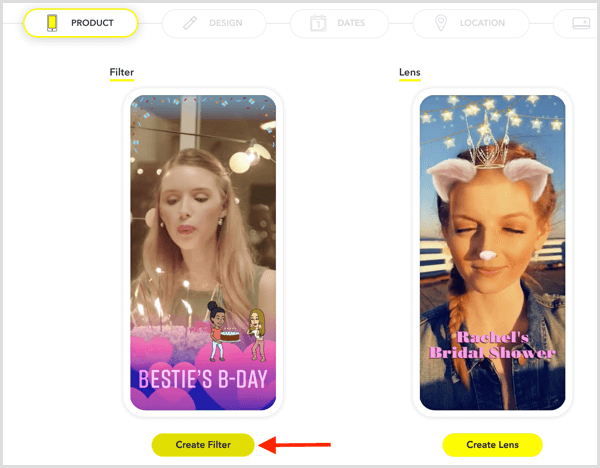 Clique em Criar Filtro para configurar um geofiltro Snapchat para seu evento.