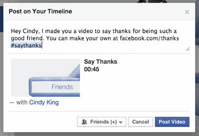 facebook post de vídeo de agradecimento com uma tag de amigo