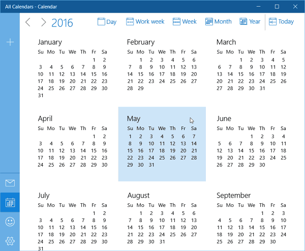 Atualização de exibição de ano inteiro do calendário do Windows 10