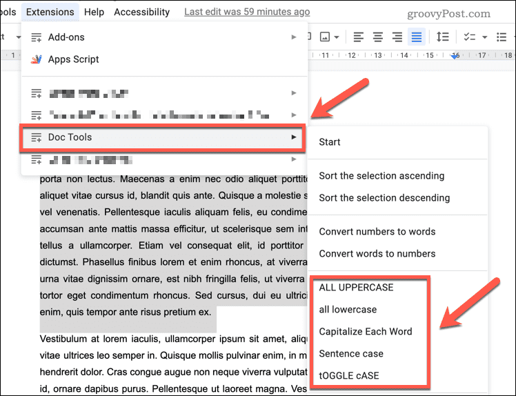 Alterar maiúsculas e minúsculas do texto usando o complemento Doc Tools no Google Docs