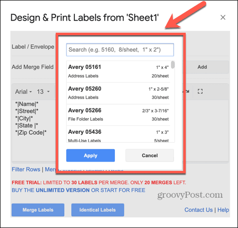 tipos de etiquetas do Google Sheets