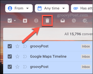 O ícone para excluir e-mails no Gmail