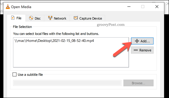 Adicionando um arquivo para converter em VLC no Windows