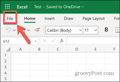 Menu de arquivo do aplicativo da Web do Excel