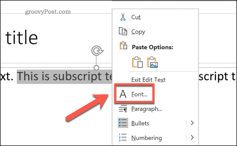 Acessando o menu de opções de fonte no PowerPoint no Windows através do menu de opções pop-up