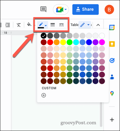 Ícones da barra de ferramentas da borda da tabela do Google Docs